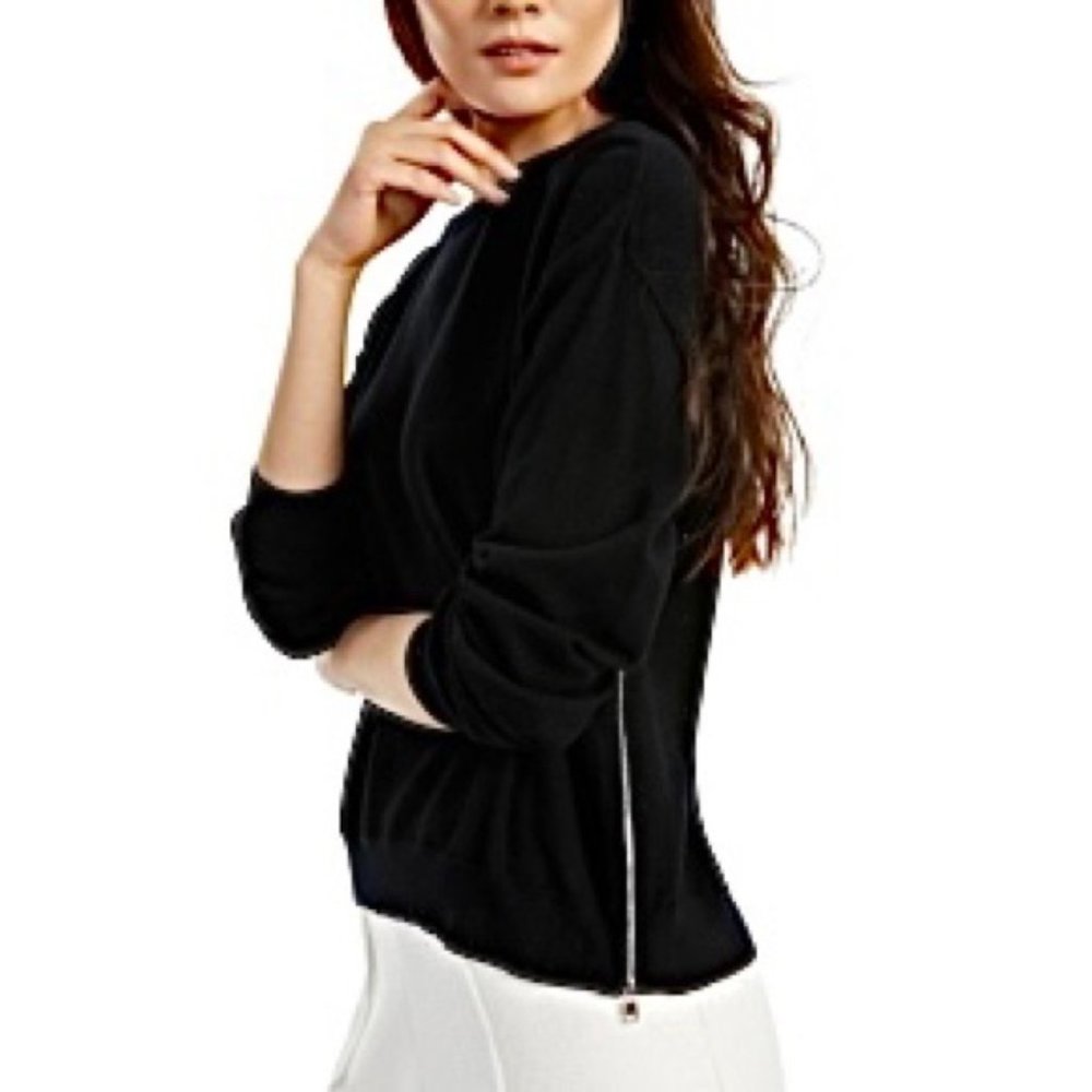 New Alfani Side Zip Crewneck Long Sleeve Knit Sweater Black Silver Size Medium